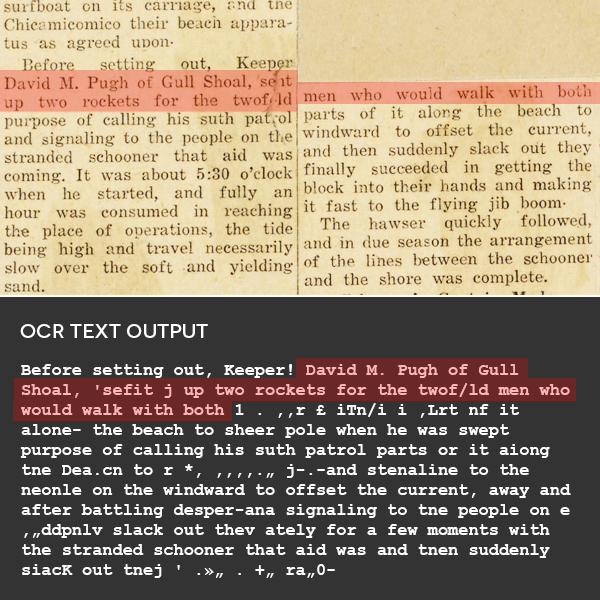 A scanned newspaper column beside its OCR transcription. The transcription garbles names and numbers, breaks words across lines, and inserts stray punctuation.